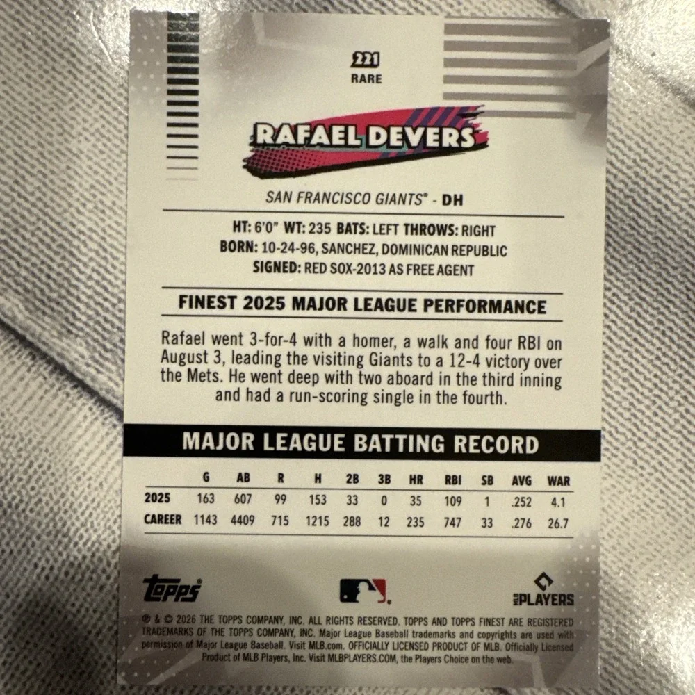 2026 Topps Finest #221 - Rafael Devers - Rare - San Francisco Giants
